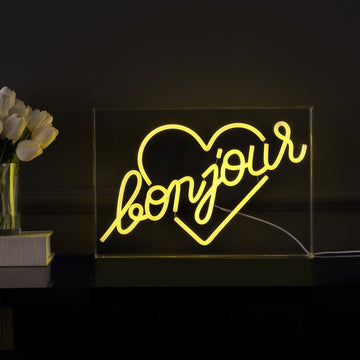 Bonjour Heart Contemporary Glam Acrylic Box USB Operated LED Neon Light - JONATHAN Y